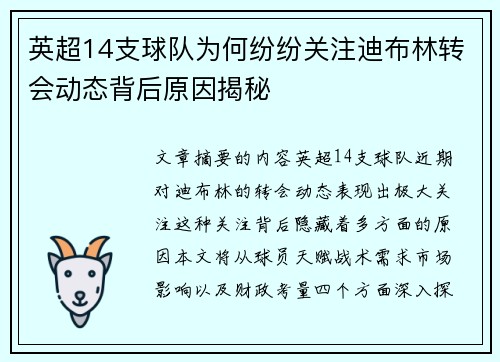 英超14支球队为何纷纷关注迪布林转会动态背后原因揭秘 英超14支球队为何纷纷关注迪布林转会动态背后原因揭秘