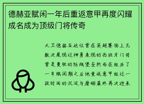 德赫亚赋闲一年后重返意甲再度闪耀成名成为顶级门将传奇