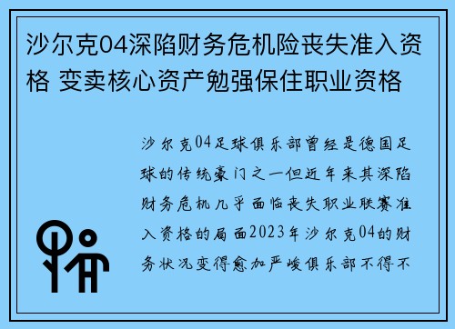 沙尔克04深陷财务危机险丧失准入资格 变卖核心资产勉强保住职业资格